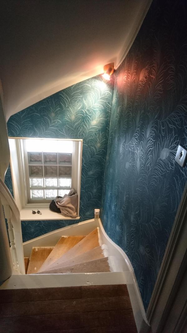 cage d'escalier papier peint, plafond, peinture garde de corps, et escalier en cours